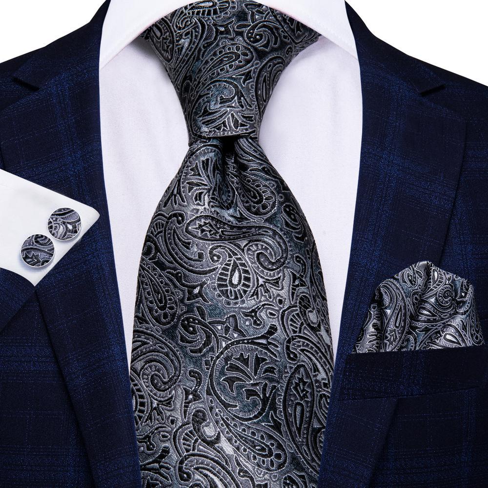 Grey Black Paisley Tie Handkerchief Cufflinks Set with Wedding Brooch
