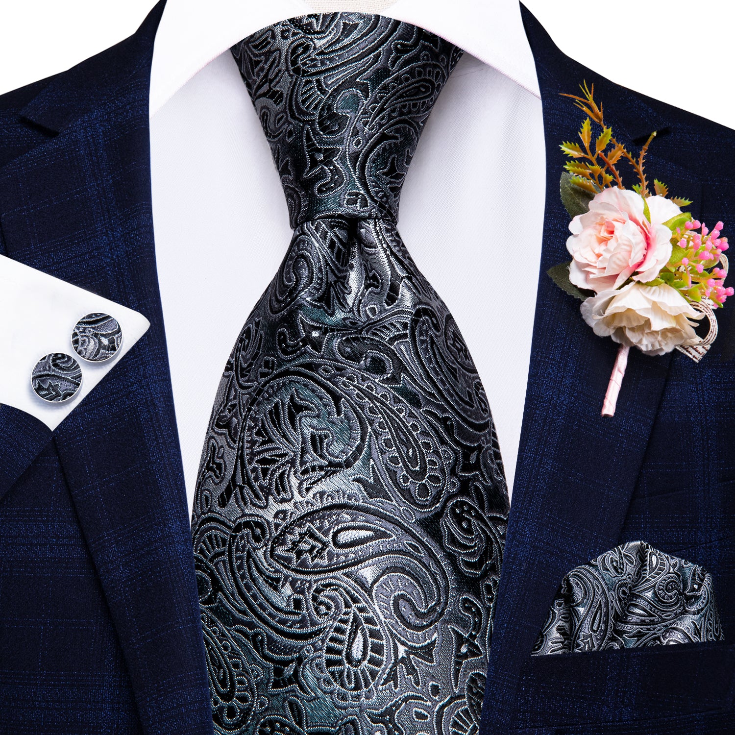 Grey Black Paisley Tie Handkerchief Cufflinks Set with Wedding Brooch