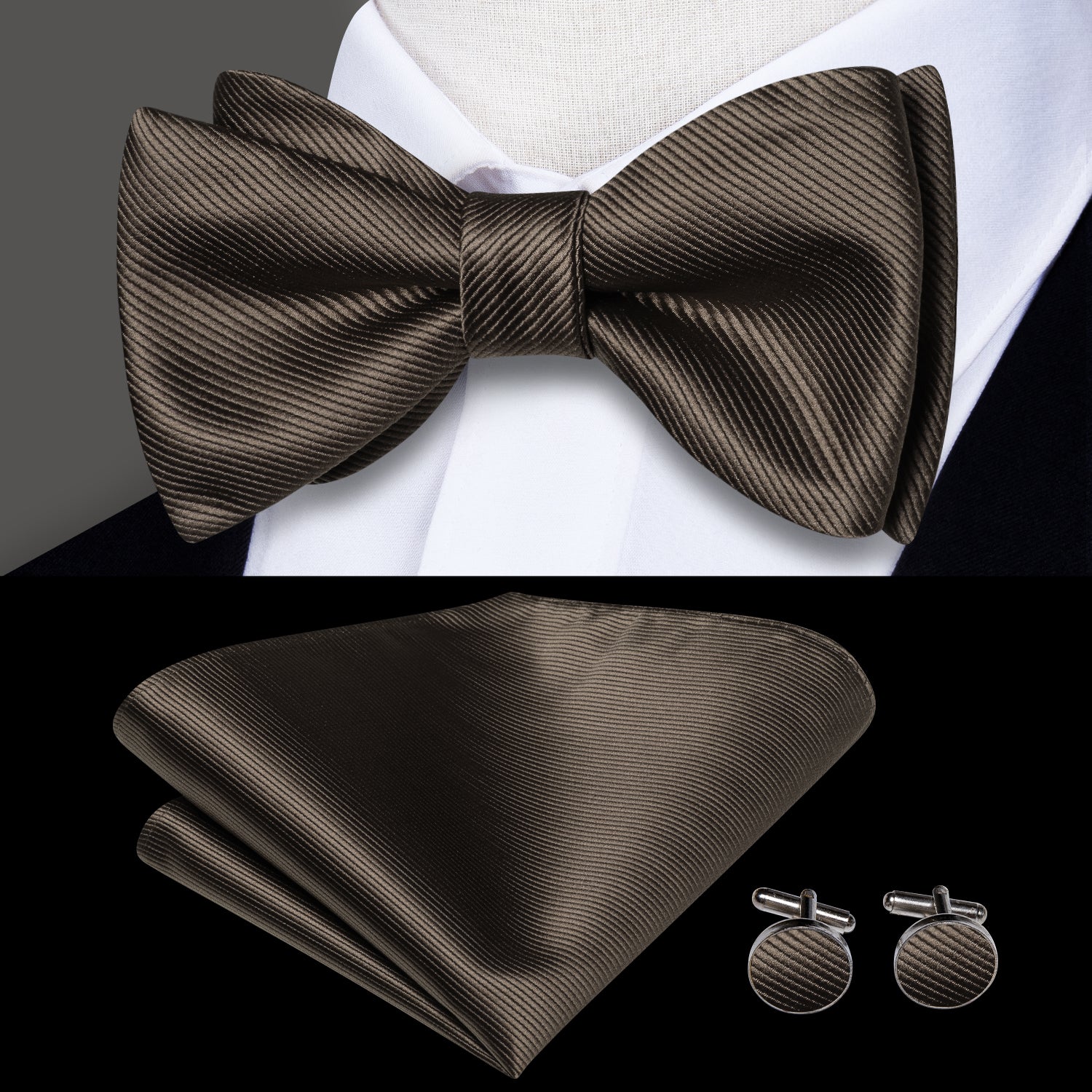 Brown Grey Striped Silk Self-tied Bow Tie Pocket Square Cufflinks Set