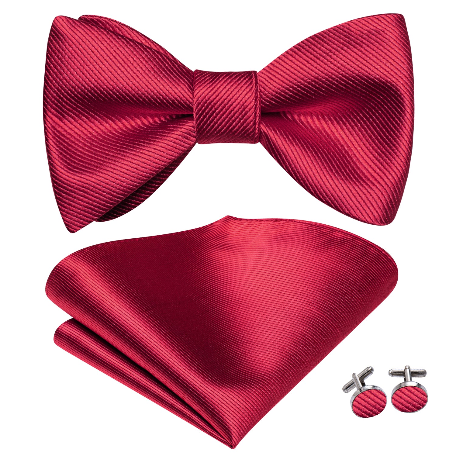 Deep Red Striped Silk Self-tied Bow Tie Pocket Square Cufflinks Set