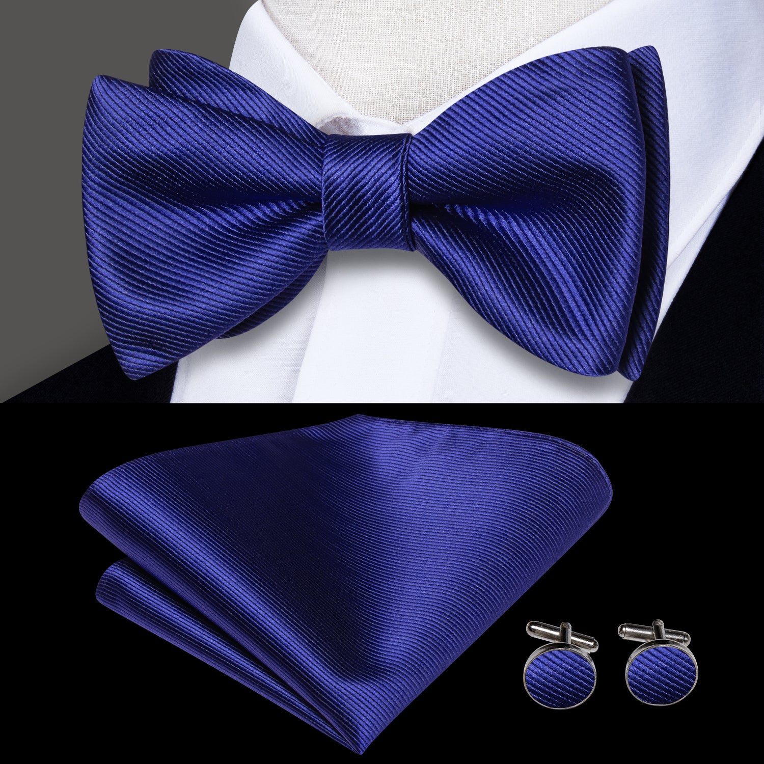 Dark Blue Striped Silk Self-tied Bow Tie Pocket Square Cufflinks Set