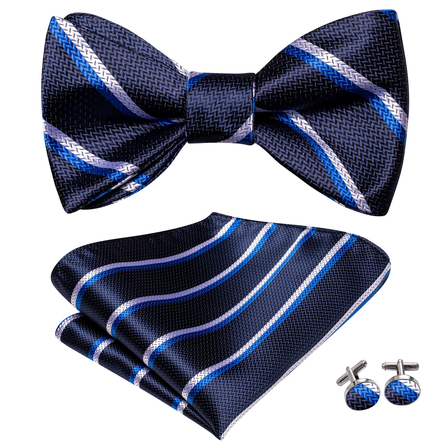 Navy Blue Striped Silk Self-tied Bow Tie Pocket Square Cufflinks Set