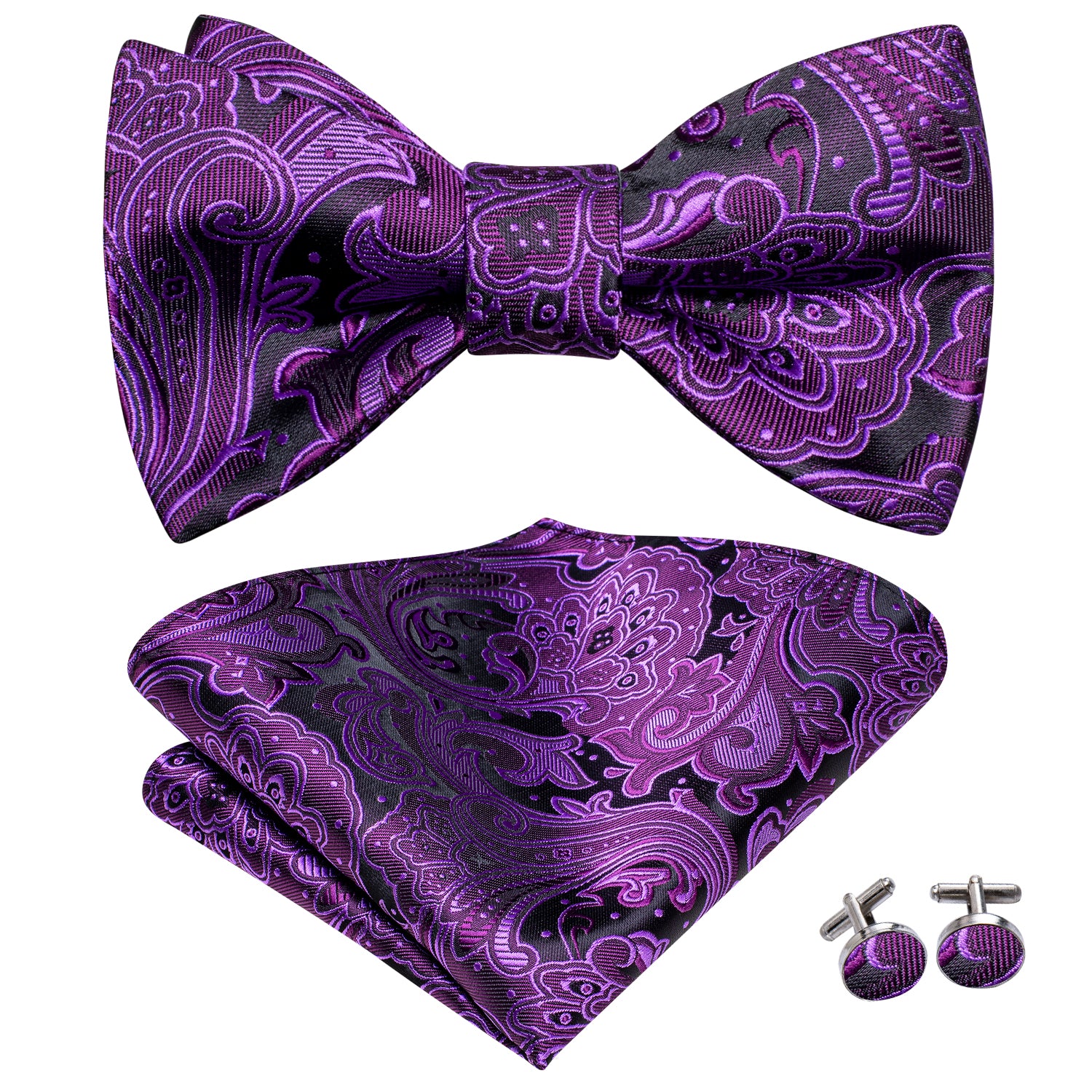 Deep Purple Black Paisley Silk Self-tied Bow Tie Pocket Square Cufflinks Set
