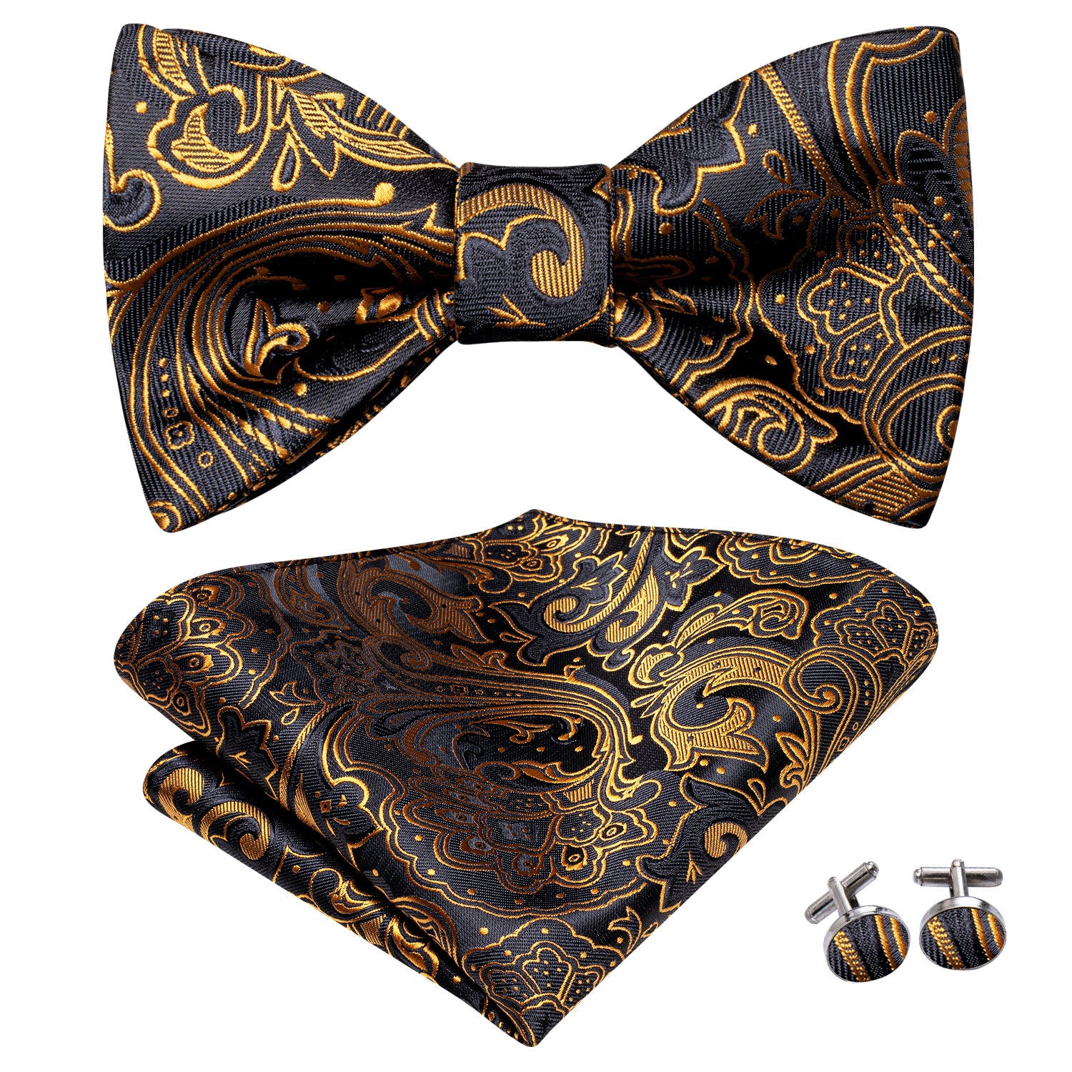 Golden Black Paisley Silk Self-tied Bow Tie Pocket Square Cufflinks Set