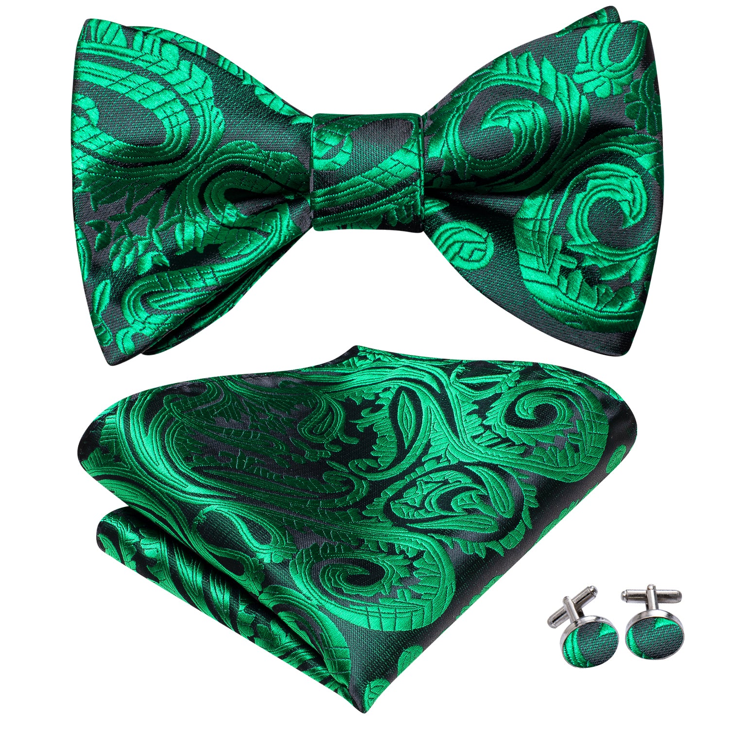 Emerald Green Paisley Silk Self-tied Bow Tie Pocket Square Cufflinks Set