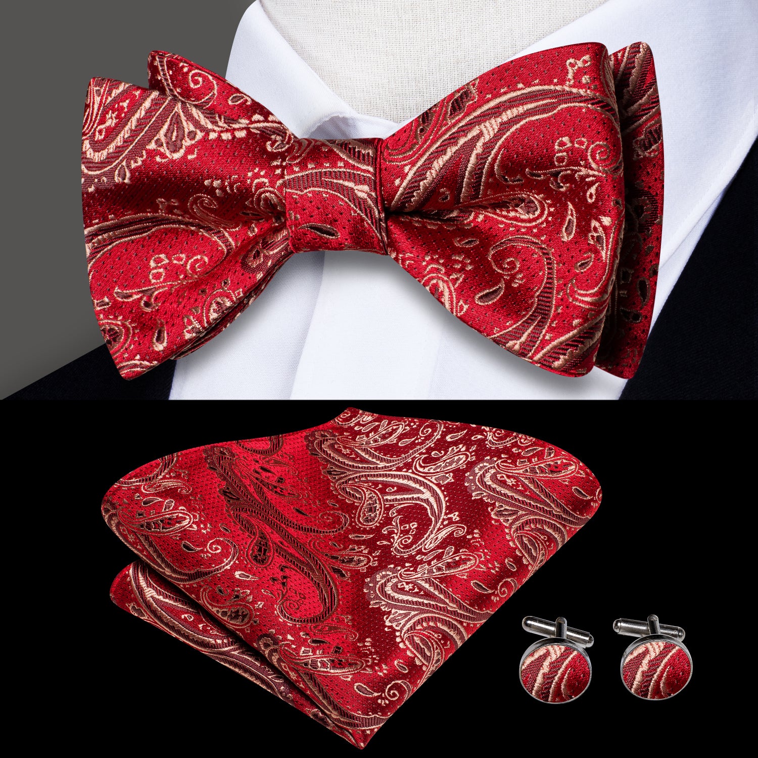 Red Brown Paisley Silk Self-tied Bow Tie Pocket Square Cufflinks Set