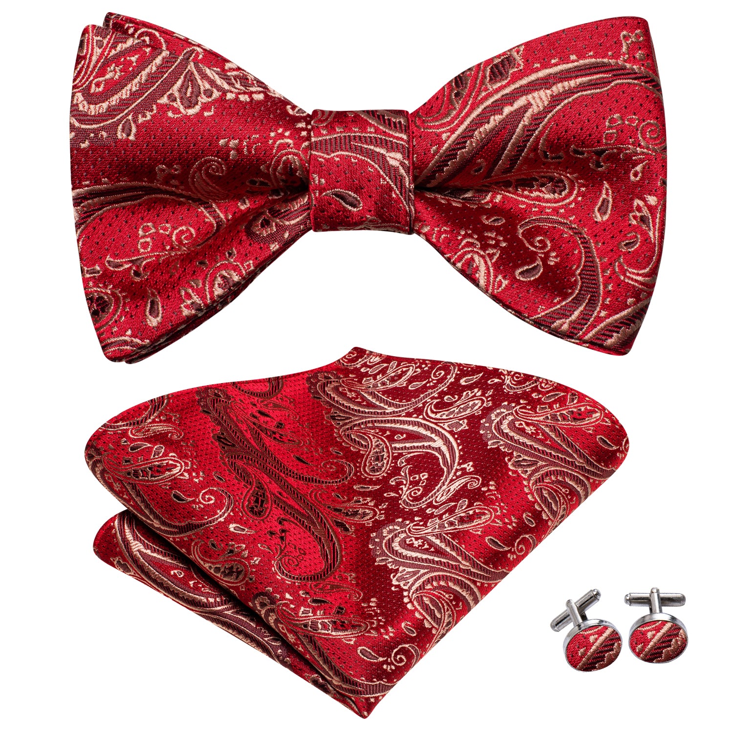 Red Brown Paisley Silk Self-tied Bow Tie Pocket Square Cufflinks Set