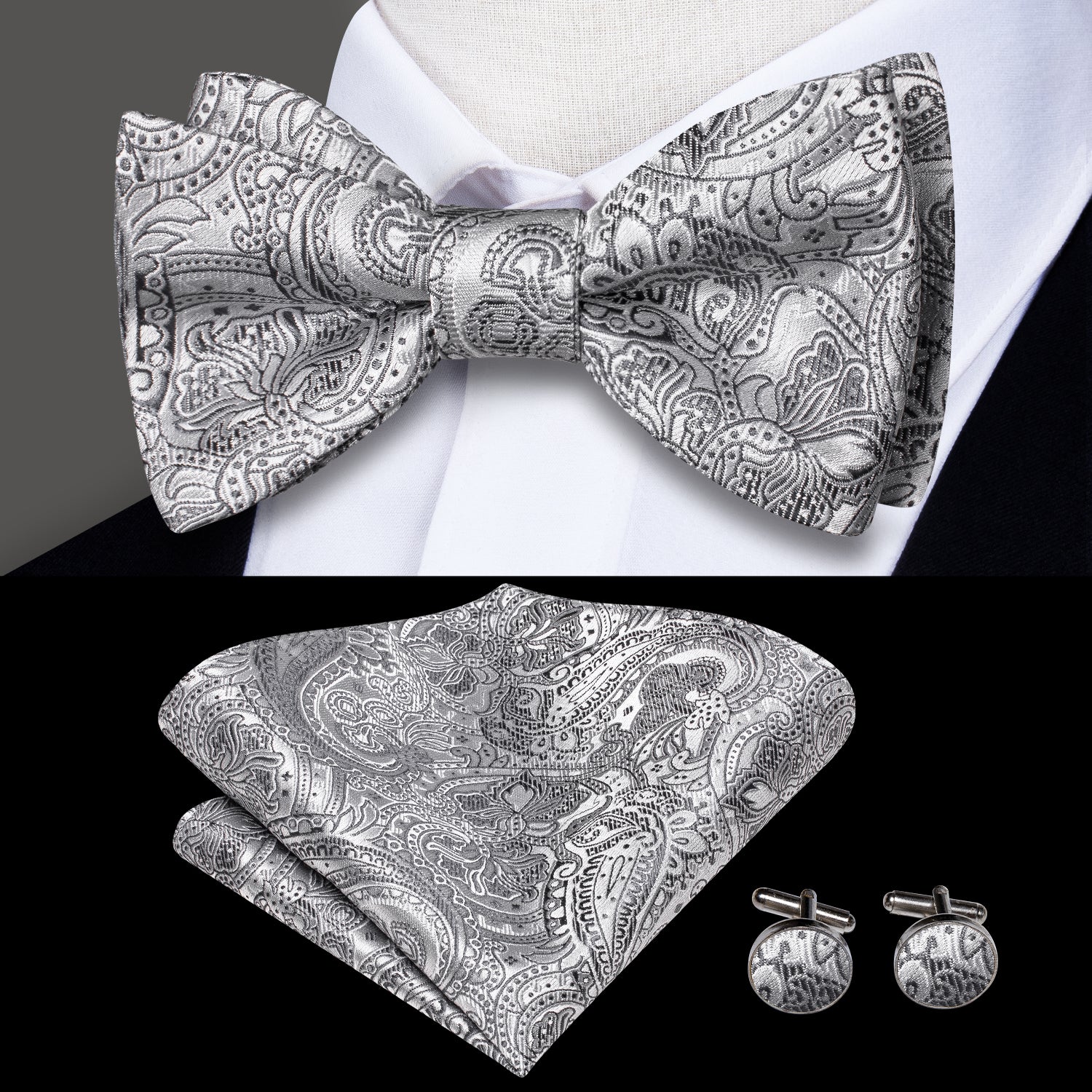 Grey Black Paisley Silk Self-tied Bow Tie Pocket Square Cufflinks Set