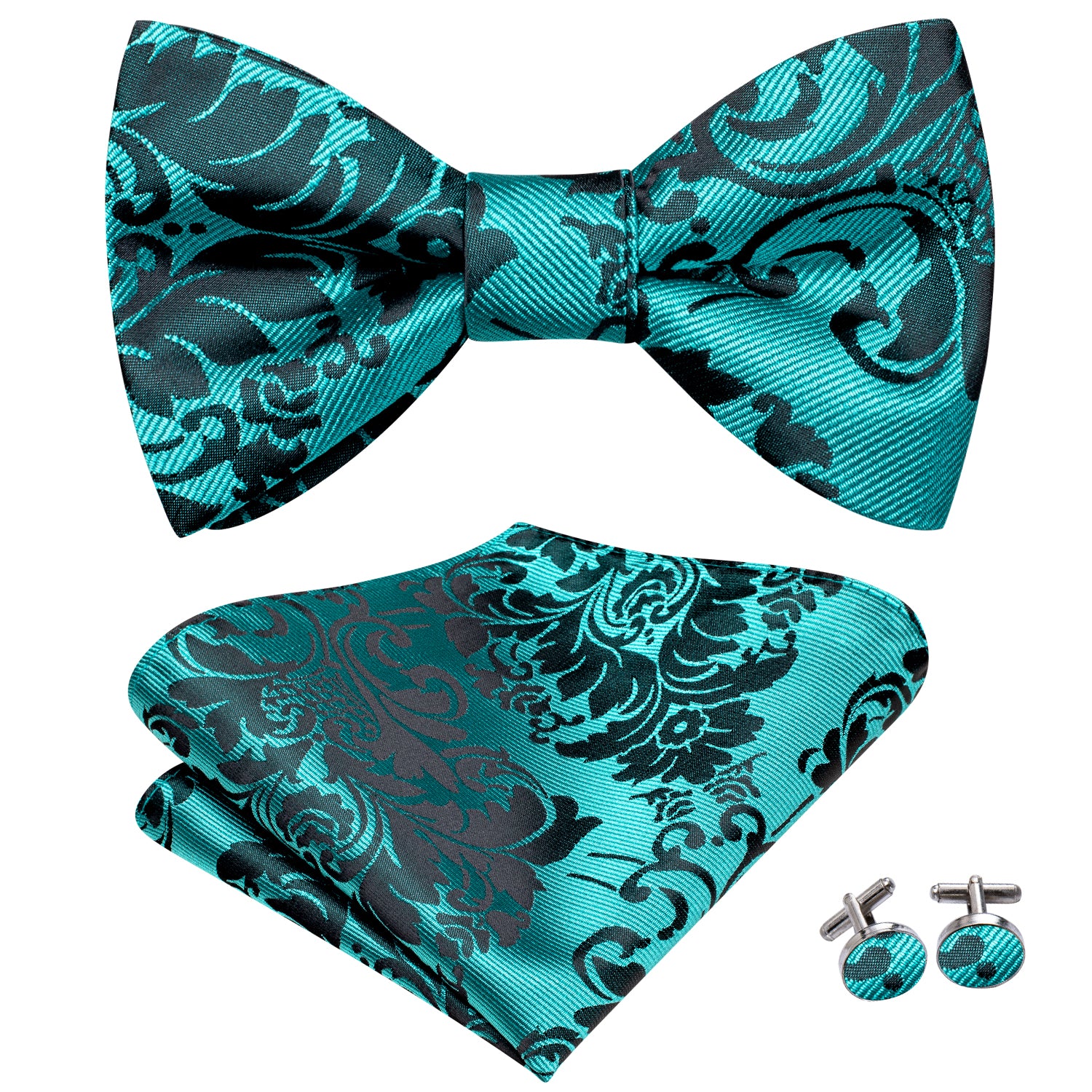 Lake Blue Paisley Silk Self-tied Bow Tie Pocket Square Cufflinks Set