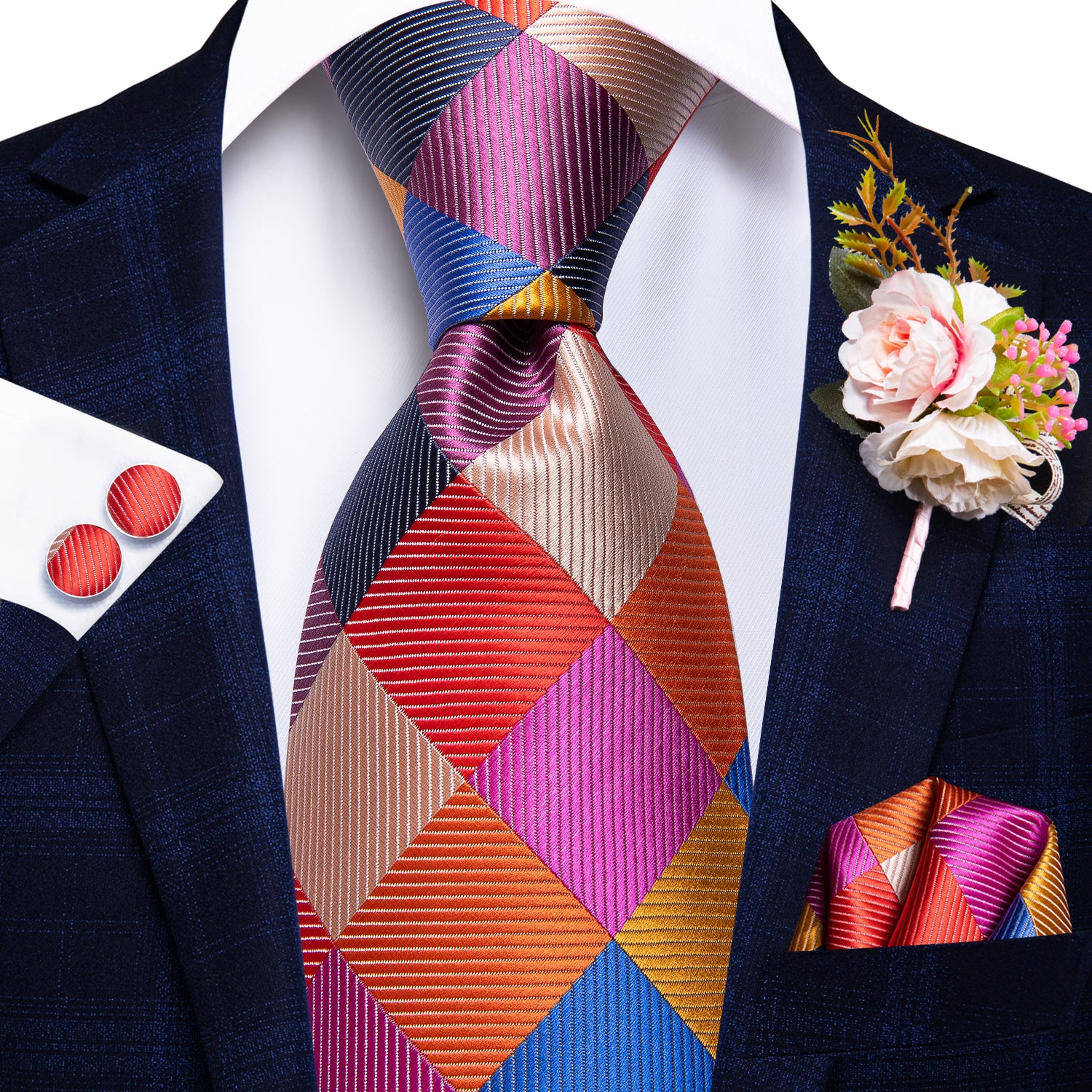 Red Blue Plaid Tie Handkerchief Cufflinks Set with Wedding Brooch