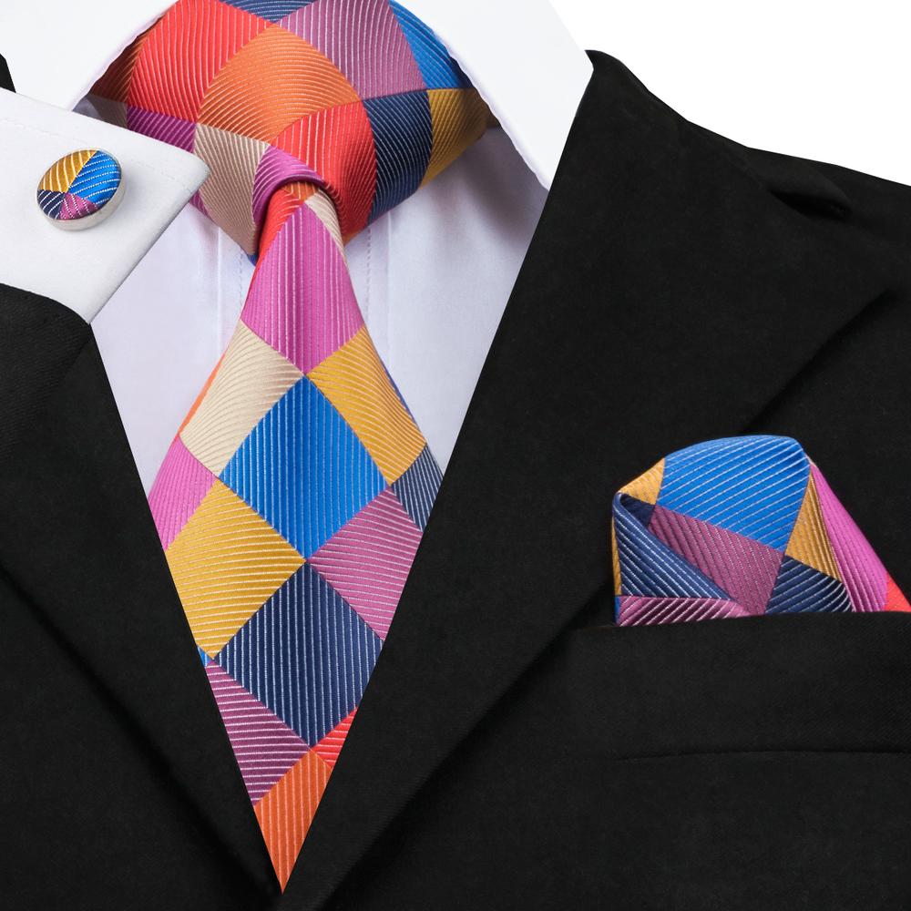 Men's Necktie Colorful Plaid Tie Pocket Square Cufflinks Set