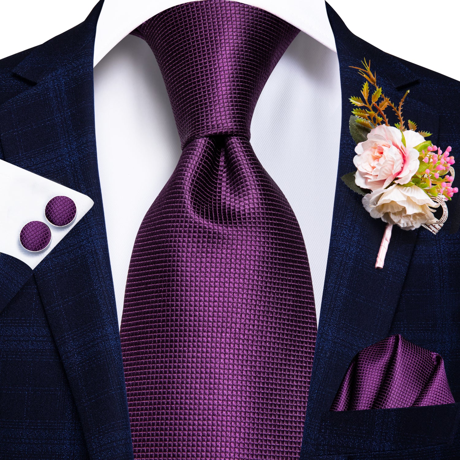 Purple Solid Tie Tie Handkerchief Cufflinks Set with Wedding Brooch