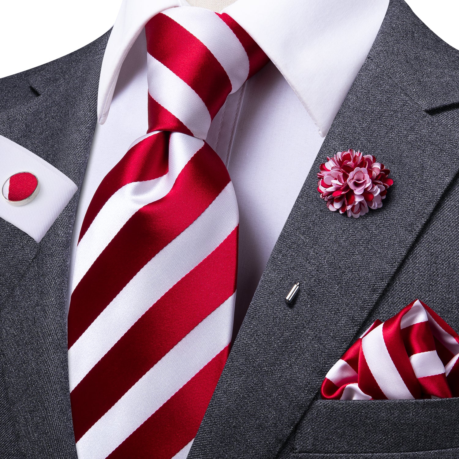 Red White Striped Tie Pocket Square Cufflinks Set with Brooch