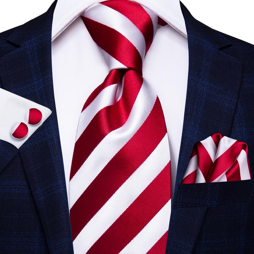 Red White Striped Tie Pocket Square Cufflinks Set with Brooch