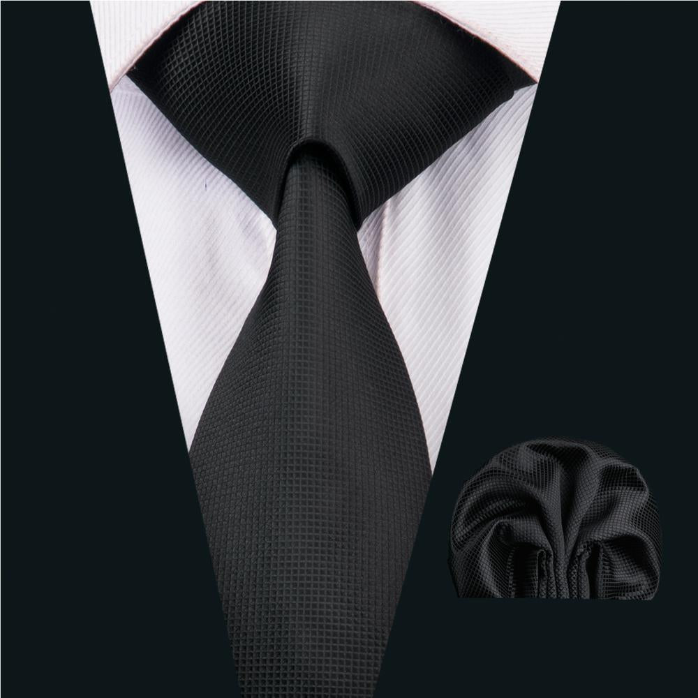 Black Necktie Solid Silk Men's Tie Handkerchief Cufflinks Set