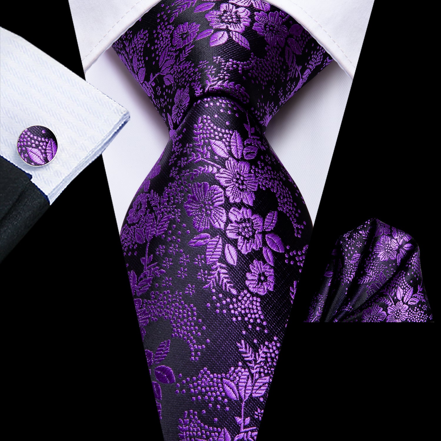 Purple Floral Tie Handkerchief Cufflinks Set with Wedding Brooch