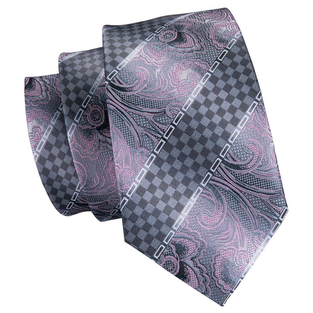 Silver Tie Grey Pink Novelty Silk Men's Tie Hanky Cufflinks Set