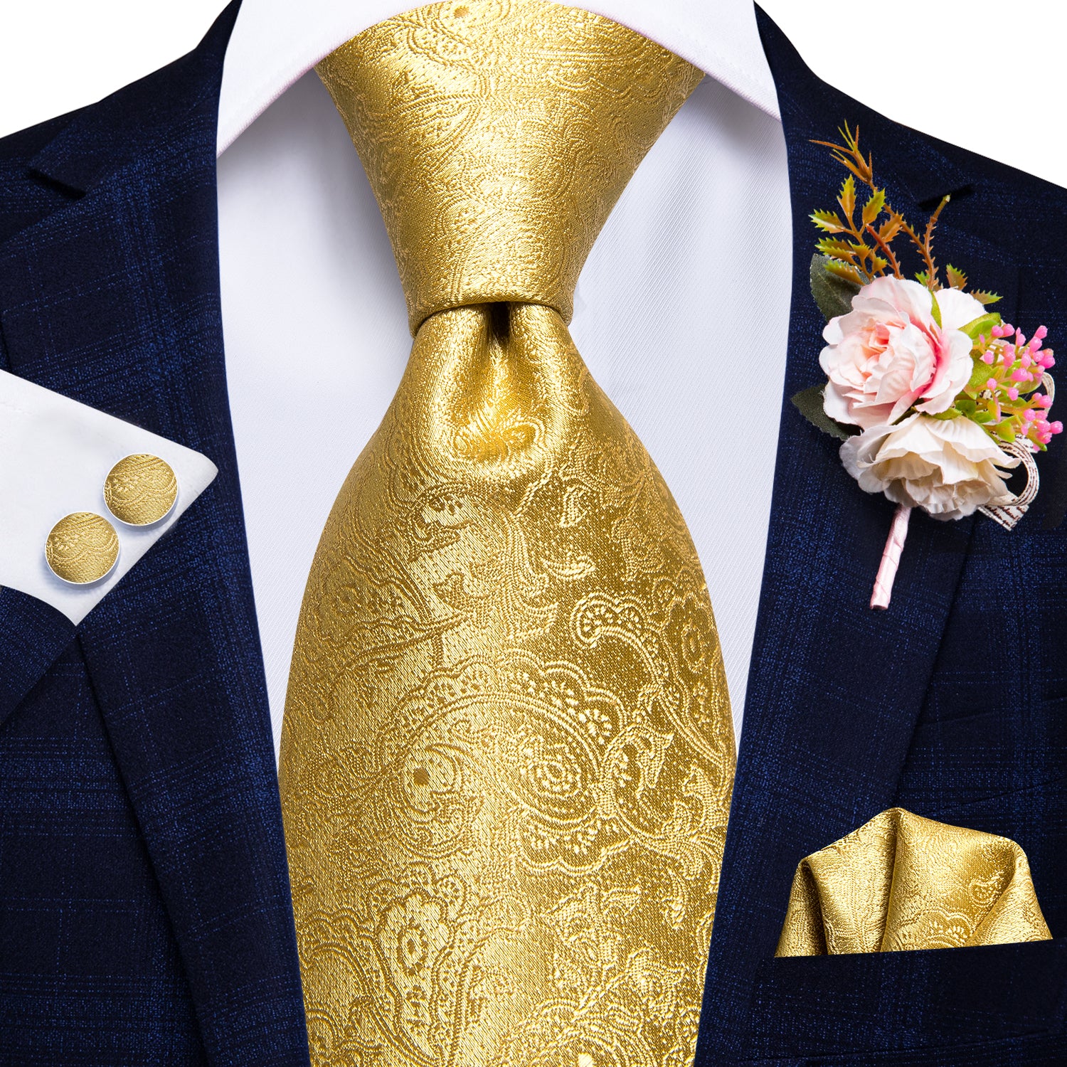 Royal Yellow Paisley Tie Handkerchief Cufflinks Set with Wedding Brooch