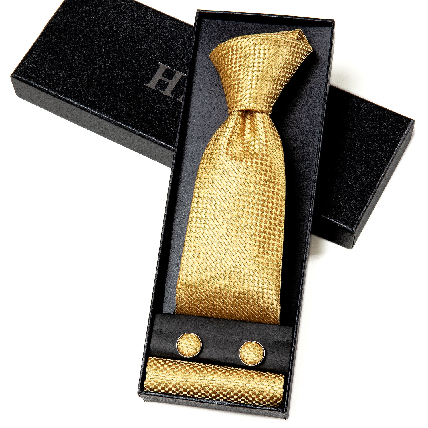 Yellow Solid Tie Pocket Square Cufflinks Set Gift Box Set