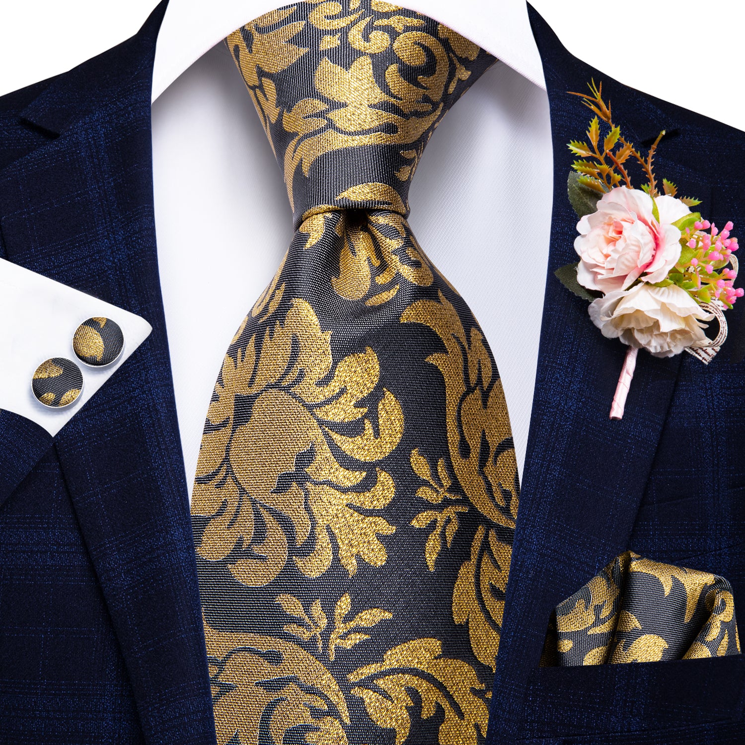 Golden Black Floral Tie Handkerchief Cufflinks Set with Wedding Brooch