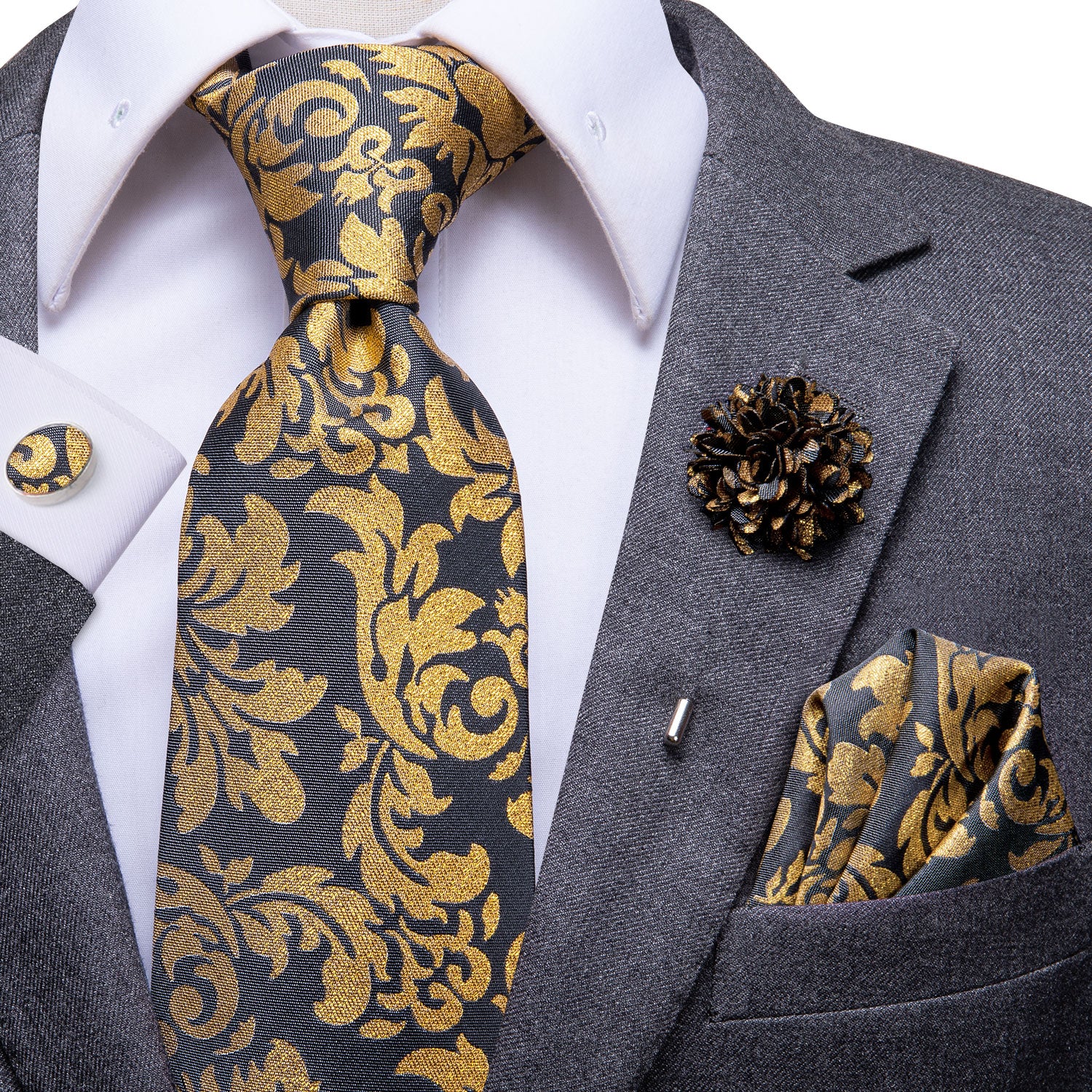Golden Black Floral Tie Pocket Square Cufflinks Set