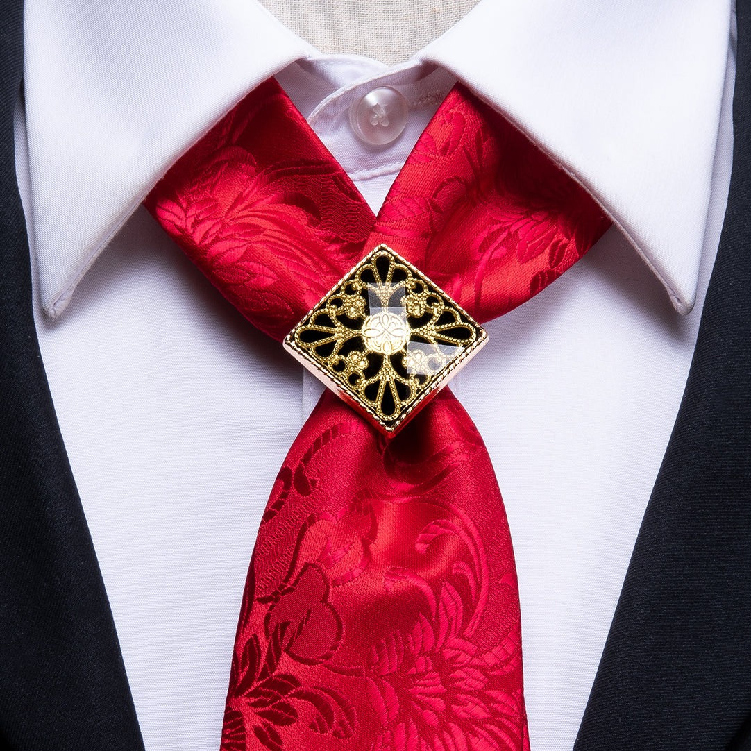 Red Necktie Floral Poirot Tie Ring Pocket Square Cufflinks Set