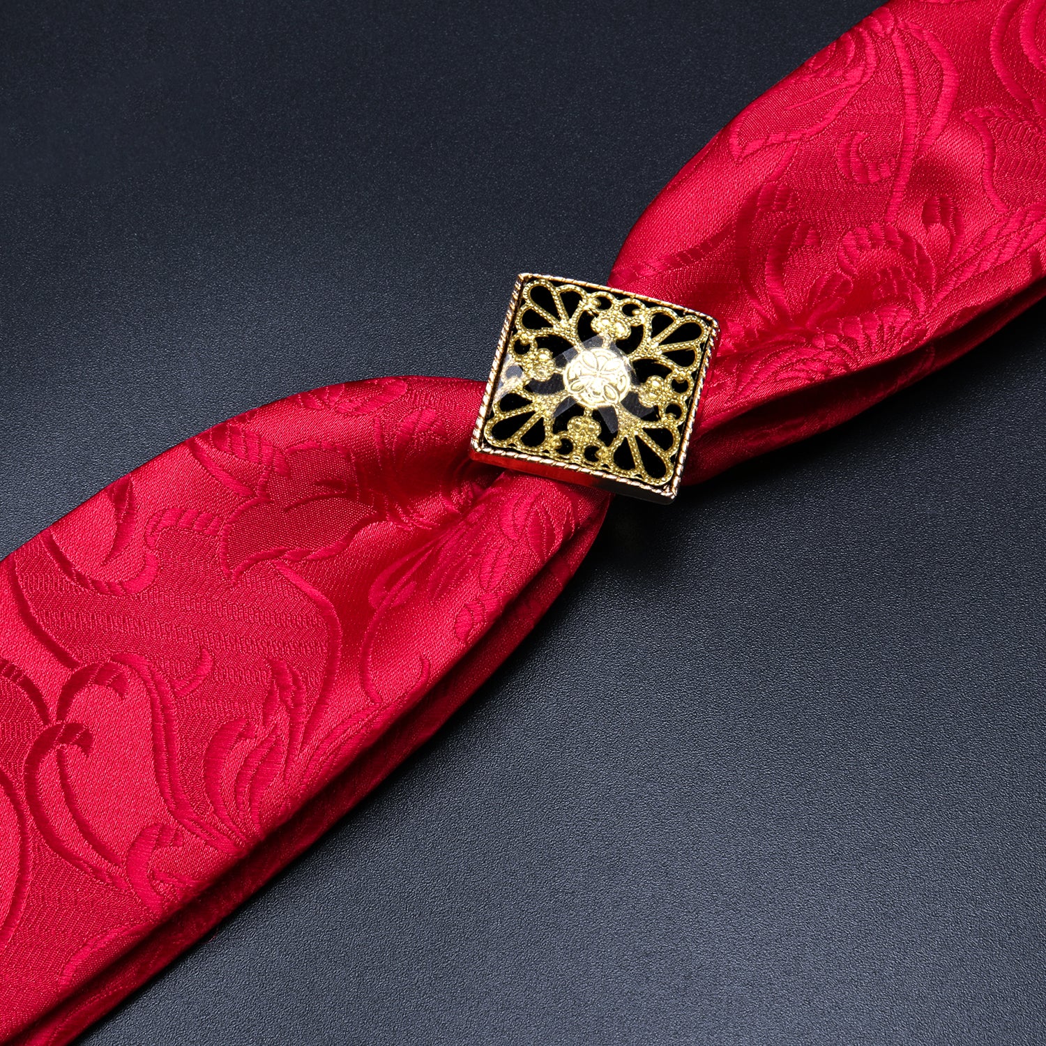 Red Necktie Floral Poirot Tie Ring Pocket Square Cufflinks Set