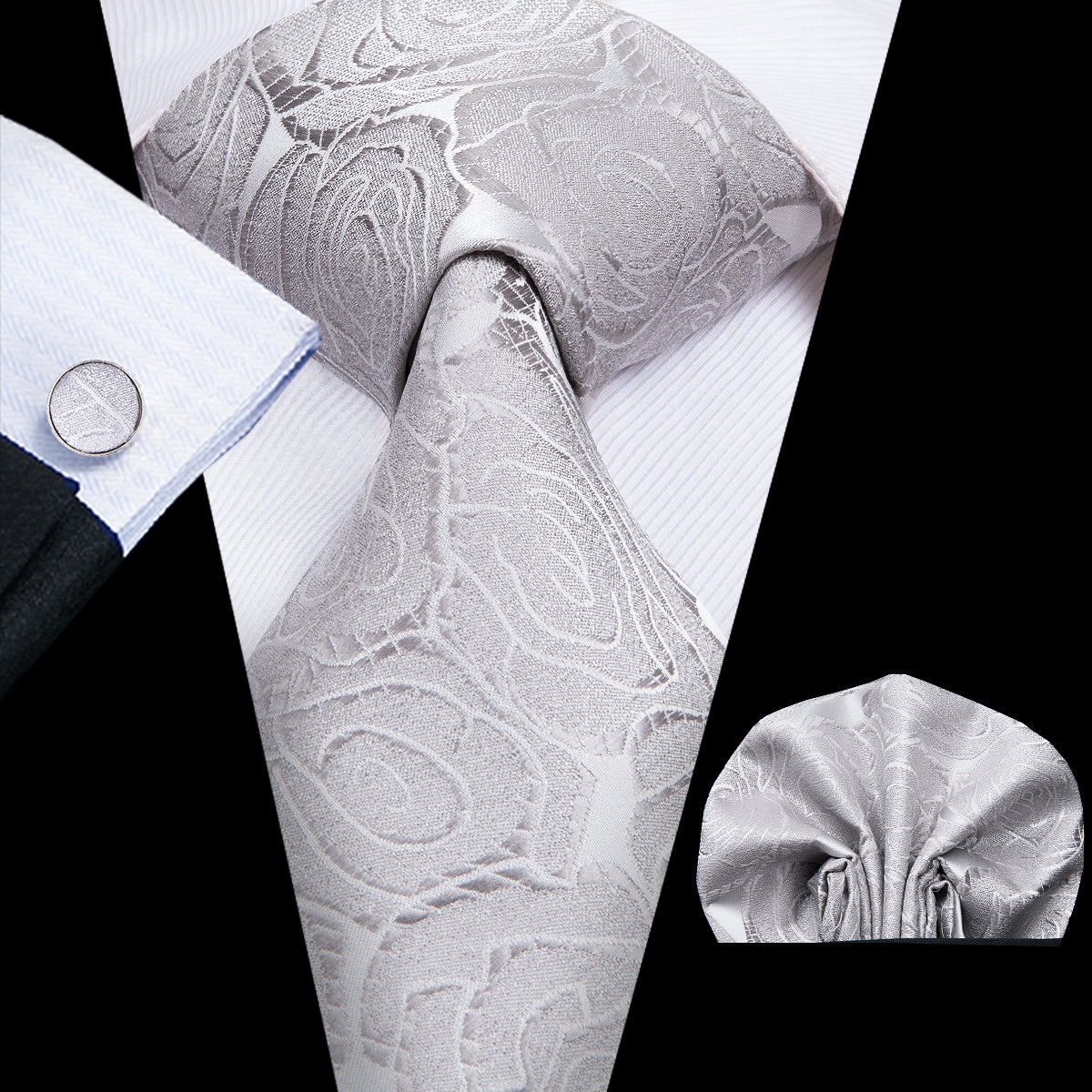 White Grey Floral Tie Pocket Square Cufflinks Set