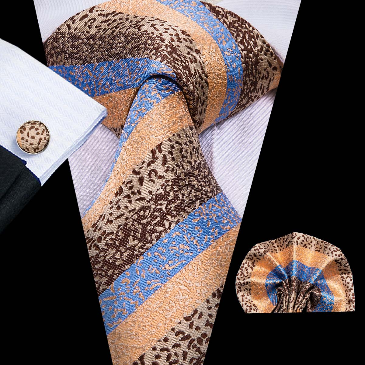 Blue Brown Striped Necktie Pocket Square Cufflinks Set