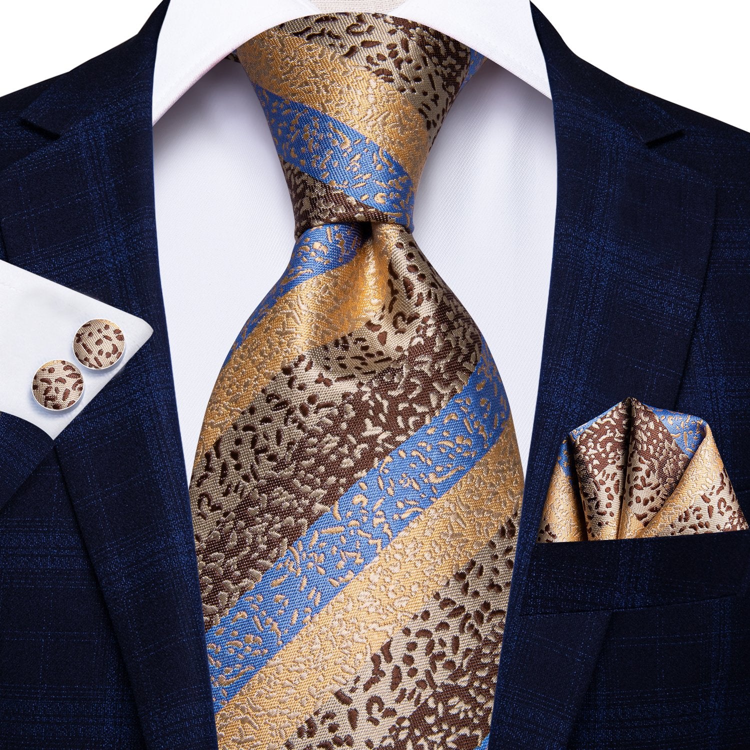 Blue Brown Striped Tie Handkerchief Cufflinks Set with Wedding Brooch