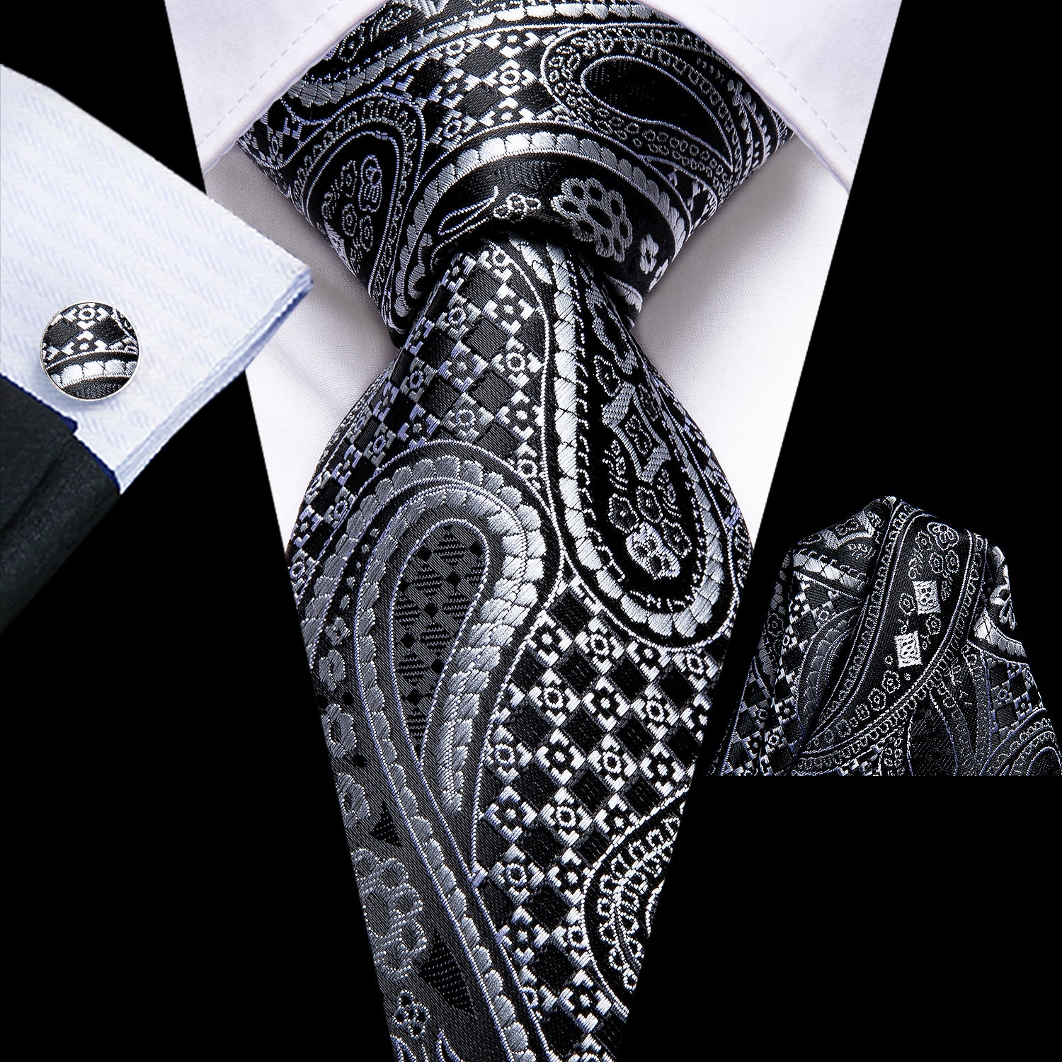 Black White Paisley Necktie Pocket Square Cufflinks Set