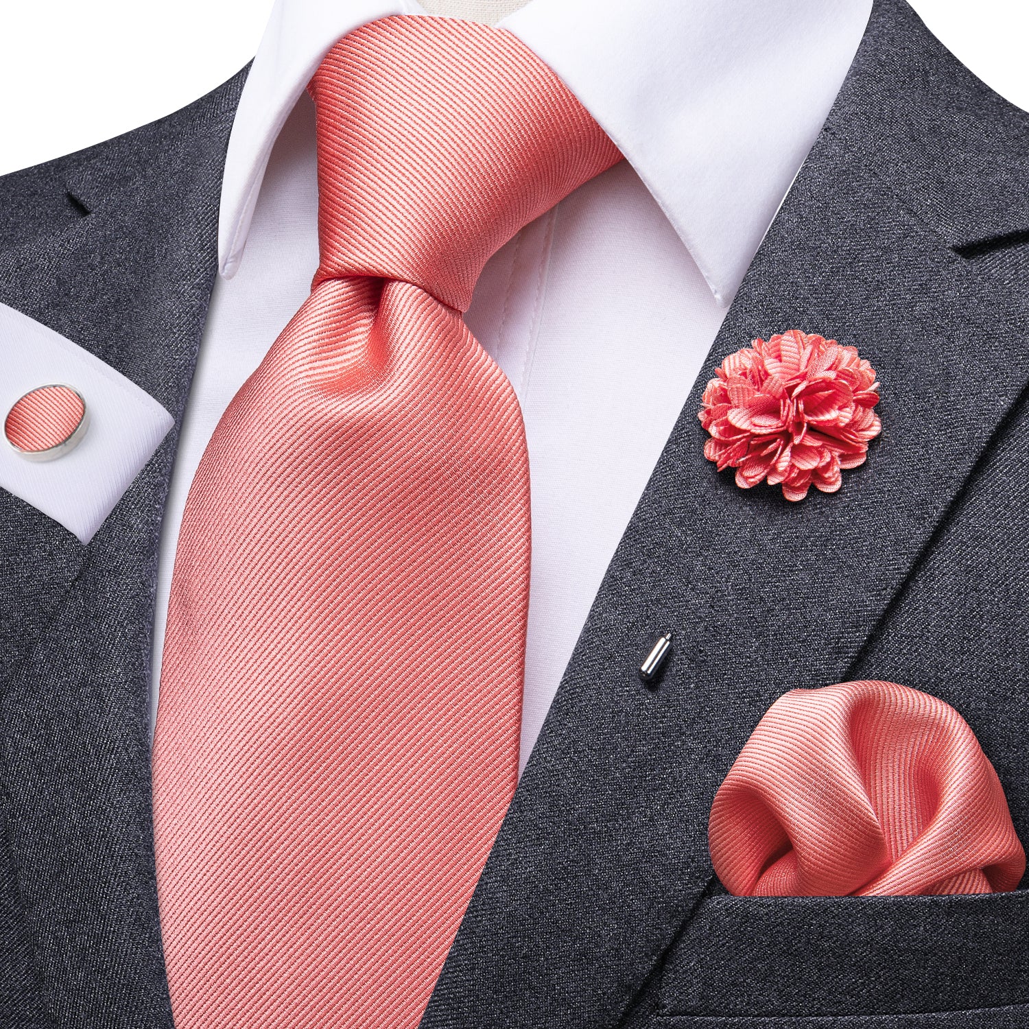 Coral solid Tie Handkerchief Cufflinks Set