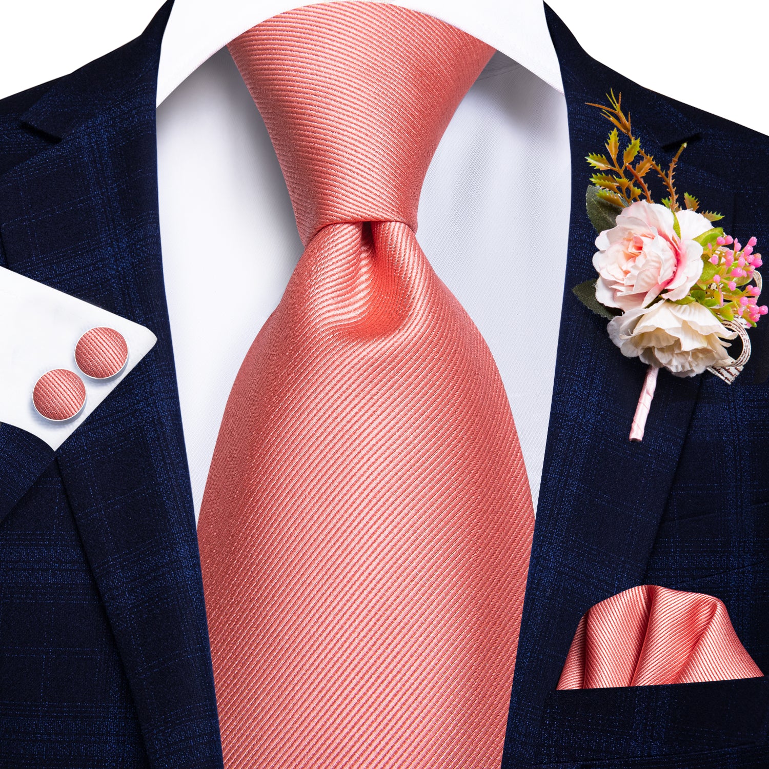 Coral solid Tie Handkerchief Cufflinks Set with Wedding Brooch