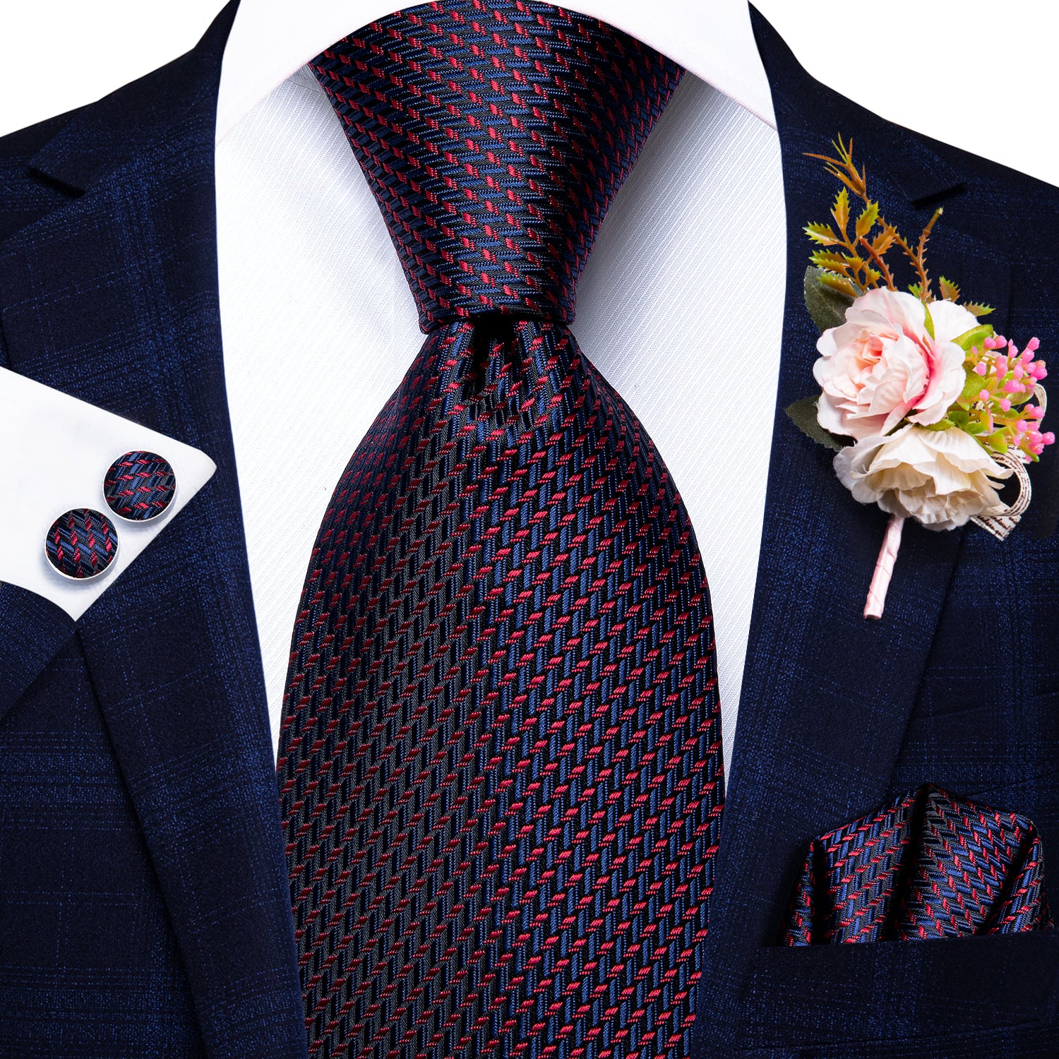 Blue Red Striped Tie Handkerchief Cufflinks Set with Wedding Brooch