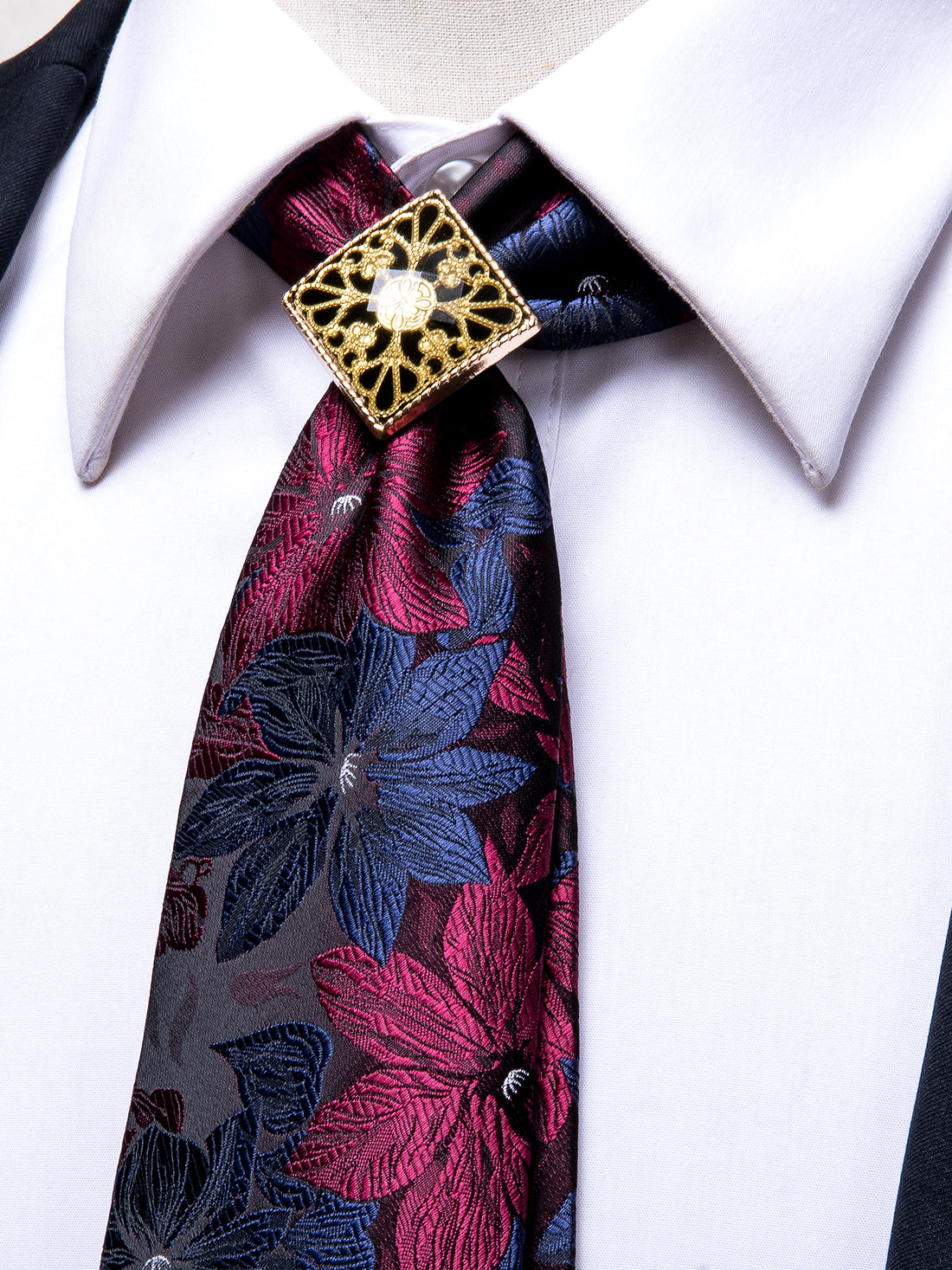 Blue Red Floral Poirot Tie Ring Pocket Square Cufflinks Set
