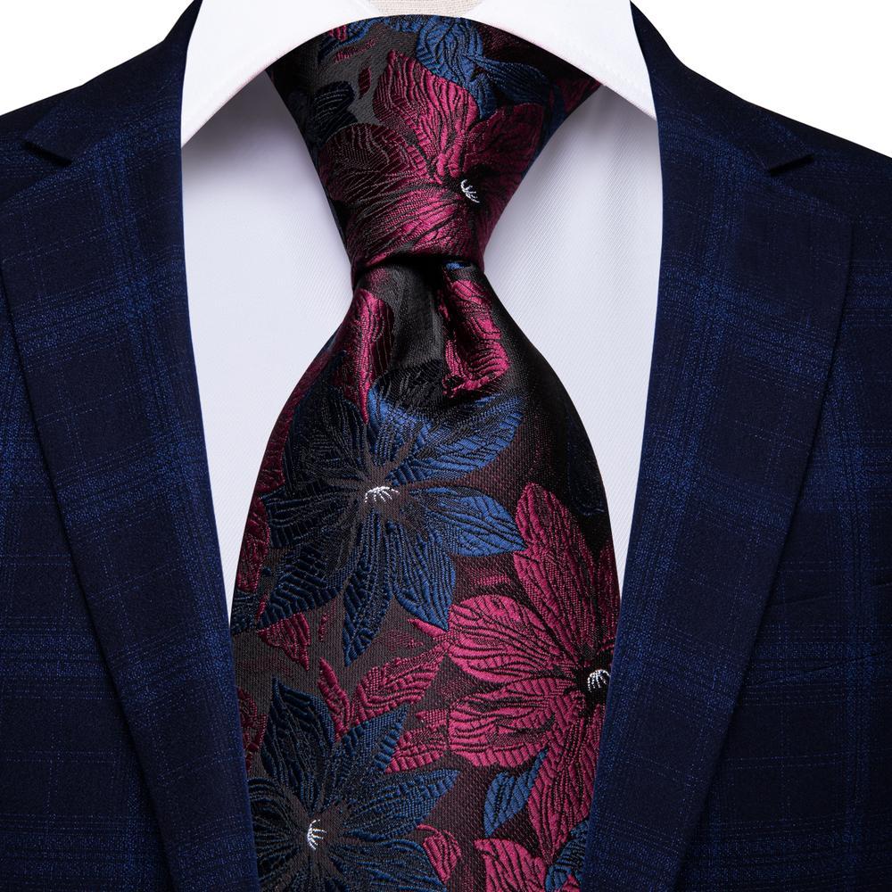 Black Blue Red Floral Tie Hanky Cufflinks Wedding Brooch Set