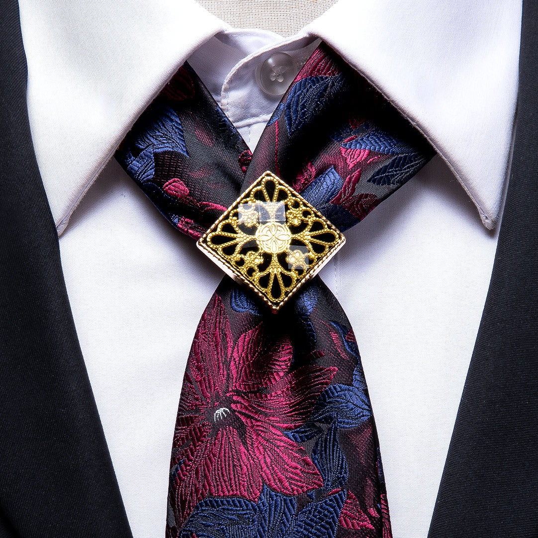 Blue Red Floral Poirot Tie Ring Pocket Square Cufflinks Set