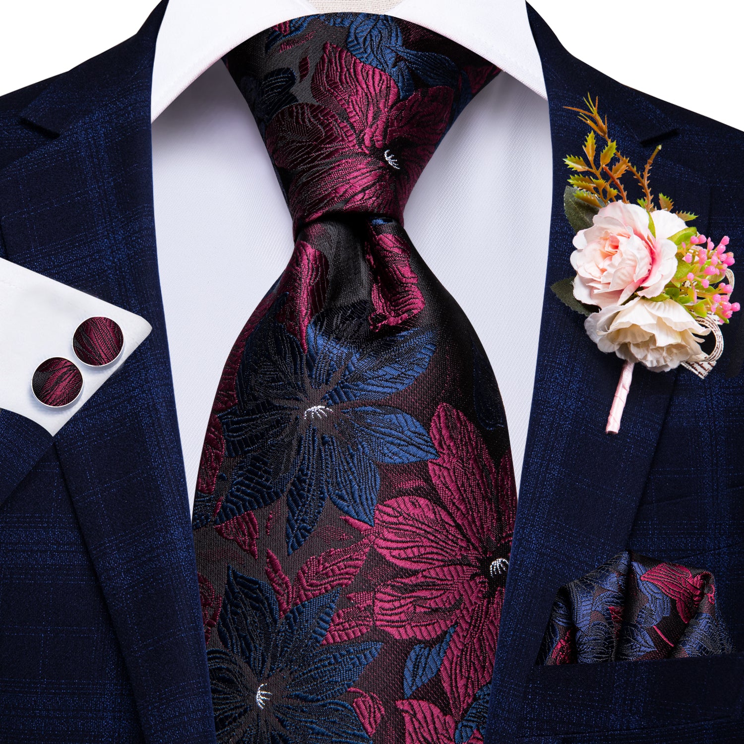 Black Blue Red Floral Tie Hanky Cufflinks Wedding Brooch Set