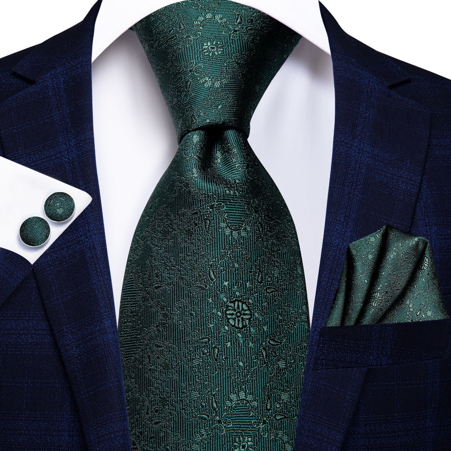 Dark Green Floral Men's Tie Pocket Square Cufflinks Gift Box Set