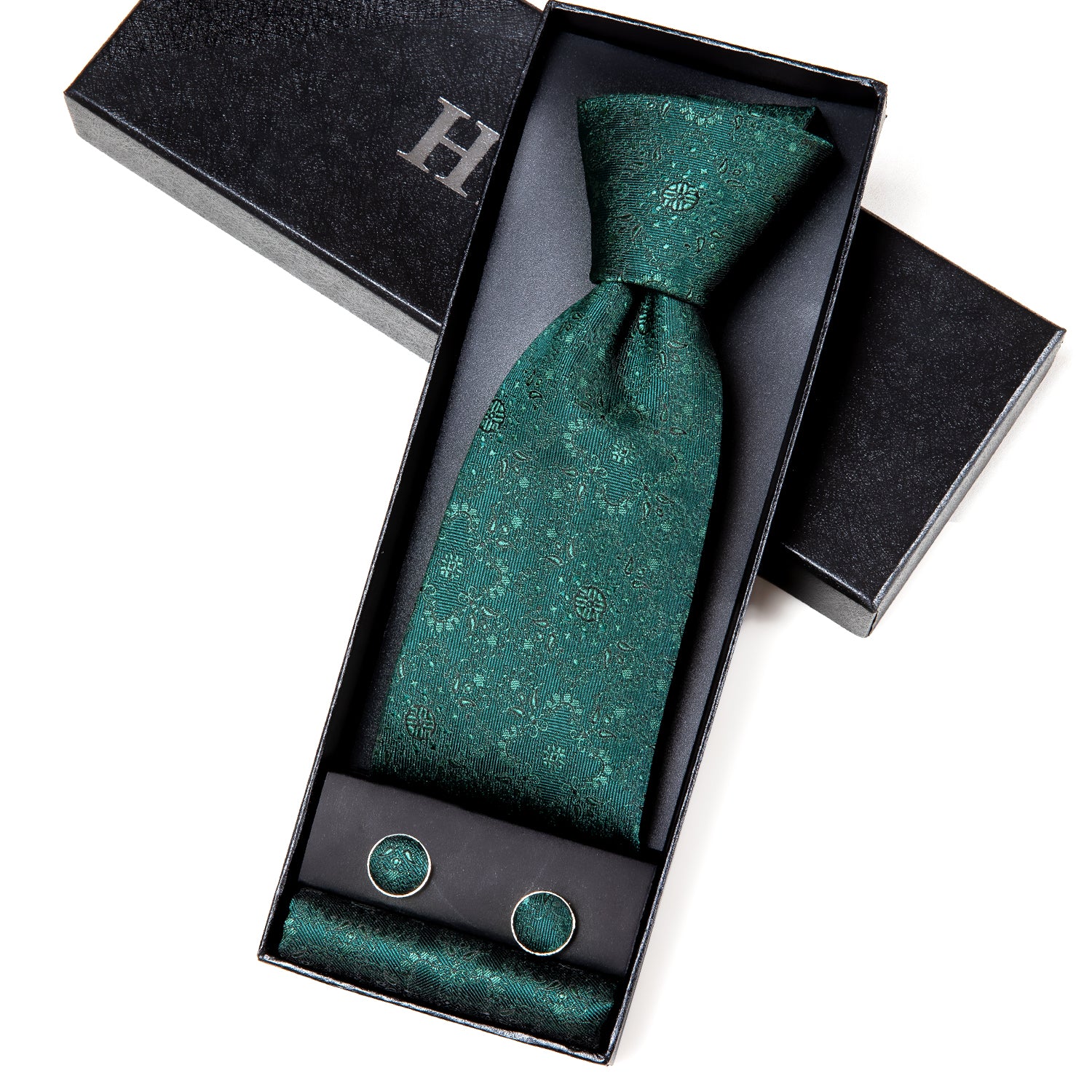 Dark Green Floral Men's Tie Pocket Square Cufflinks Gift Box Set