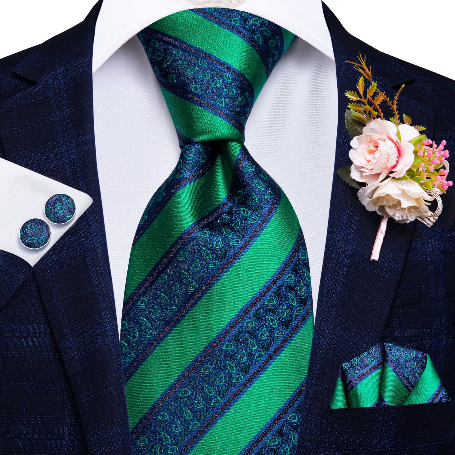 Green Blue Striped Tie Handkerchief Cufflinks Set with Wedding Brooch