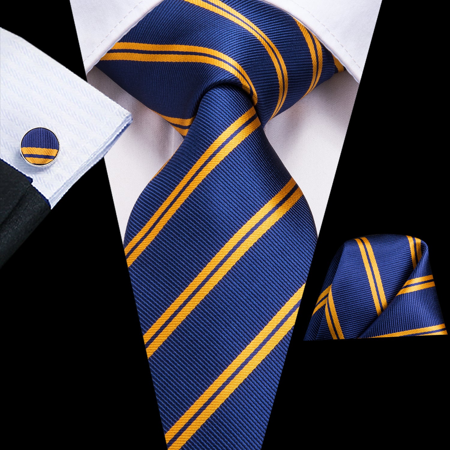 Shining Blue Yellow Striped Tie Pocket Square Cufflinks Set
