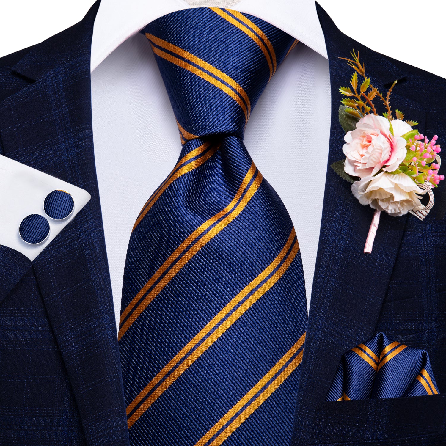 Shining Blue Yellow Striped Tie Handkerchief Cufflinks Set with Wedding Brooch