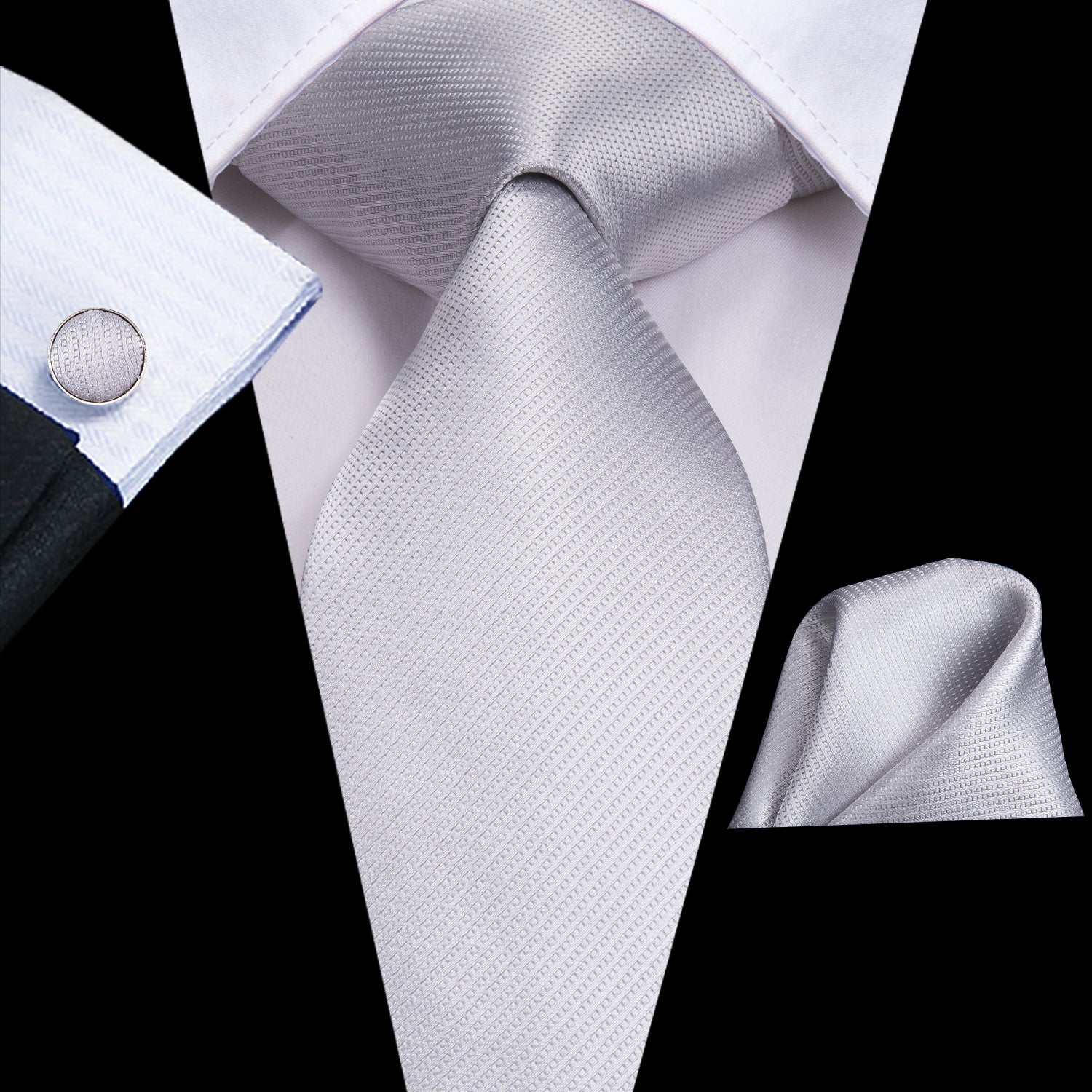 Silver Grey Tie 63 Inches Necktie Pocket Square Cufflinks Set