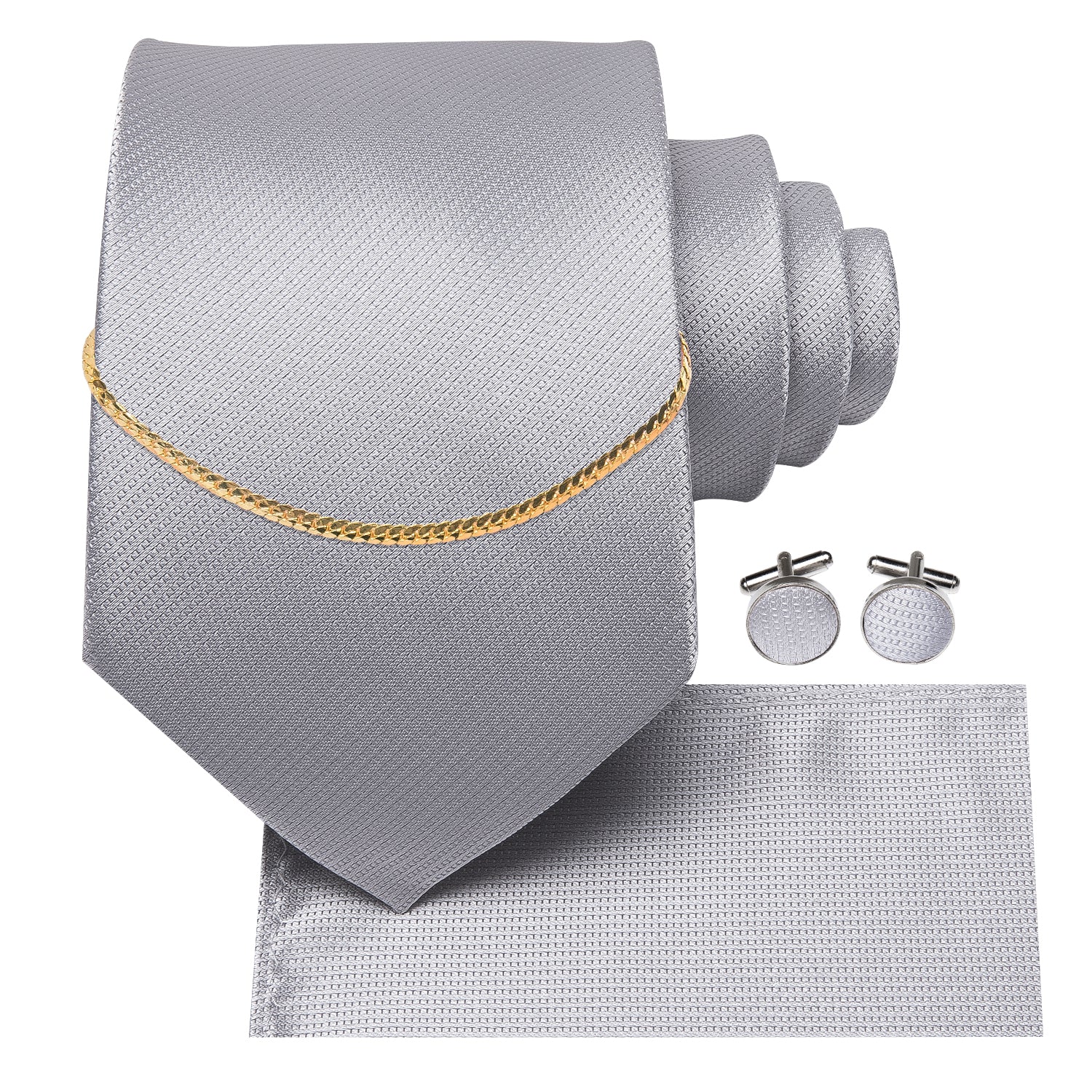 Popular Grey Tie Pocket Square Cufflinks Set With Golden Chain