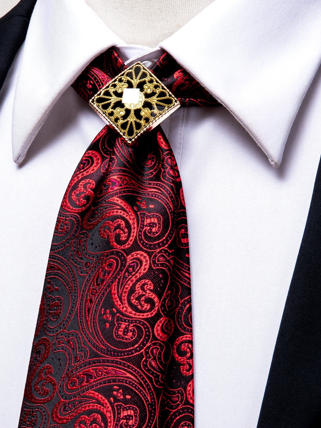 Red Necktie Paisley Poirot Tie Ring Pocket Square Cufflinks Set