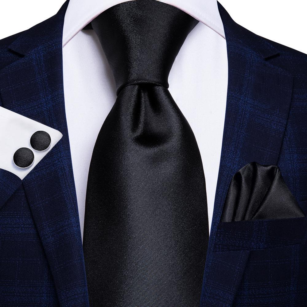 Essential Black Solid Tie Handkerchief Cufflinks Set with Wedding Brooch