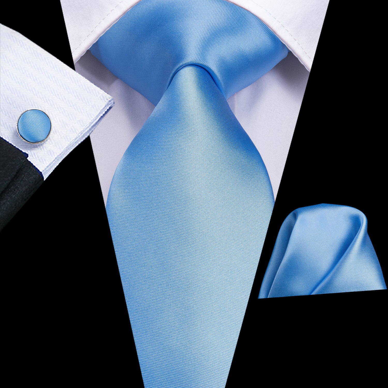 Baby Blue Plain Silk Necktie Pocket Square Cufflinks Set