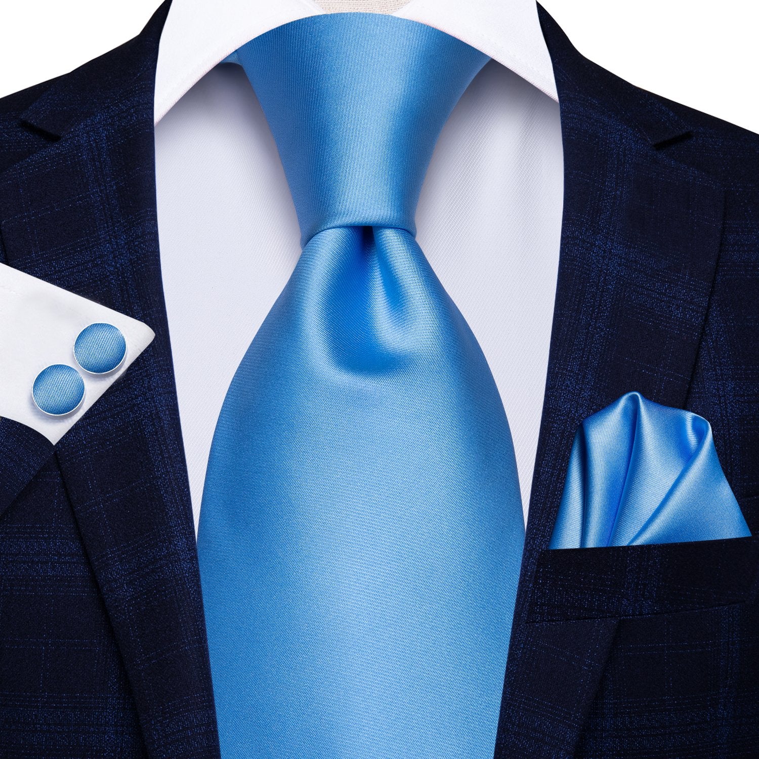 Baby Blue PlainTie Handkerchief Cufflinks Set with Wedding Brooch