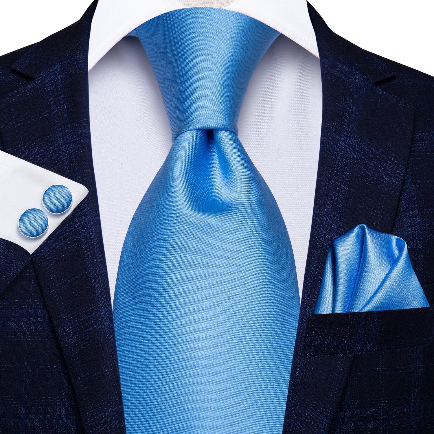 Baby Blue Plain Silk Necktie Pocket Square Cufflinks Set